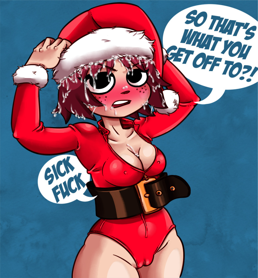 1girls arms_up big_breasts black_eyes blush camel_toe cameltoe christmas christmas_clothing christmas_hat christmas_headwear christmas_outfit cum cum_in_mouth cum_on_breasts cum_on_face cum_on_hair dialogue enf-lover female female_only freckles kim_pine leotard nipple_bulge nipples_visible_through_clothing pussy_visible_through_clothes red_hair santa_hat scott_pilgrim short_hair solo solo_female