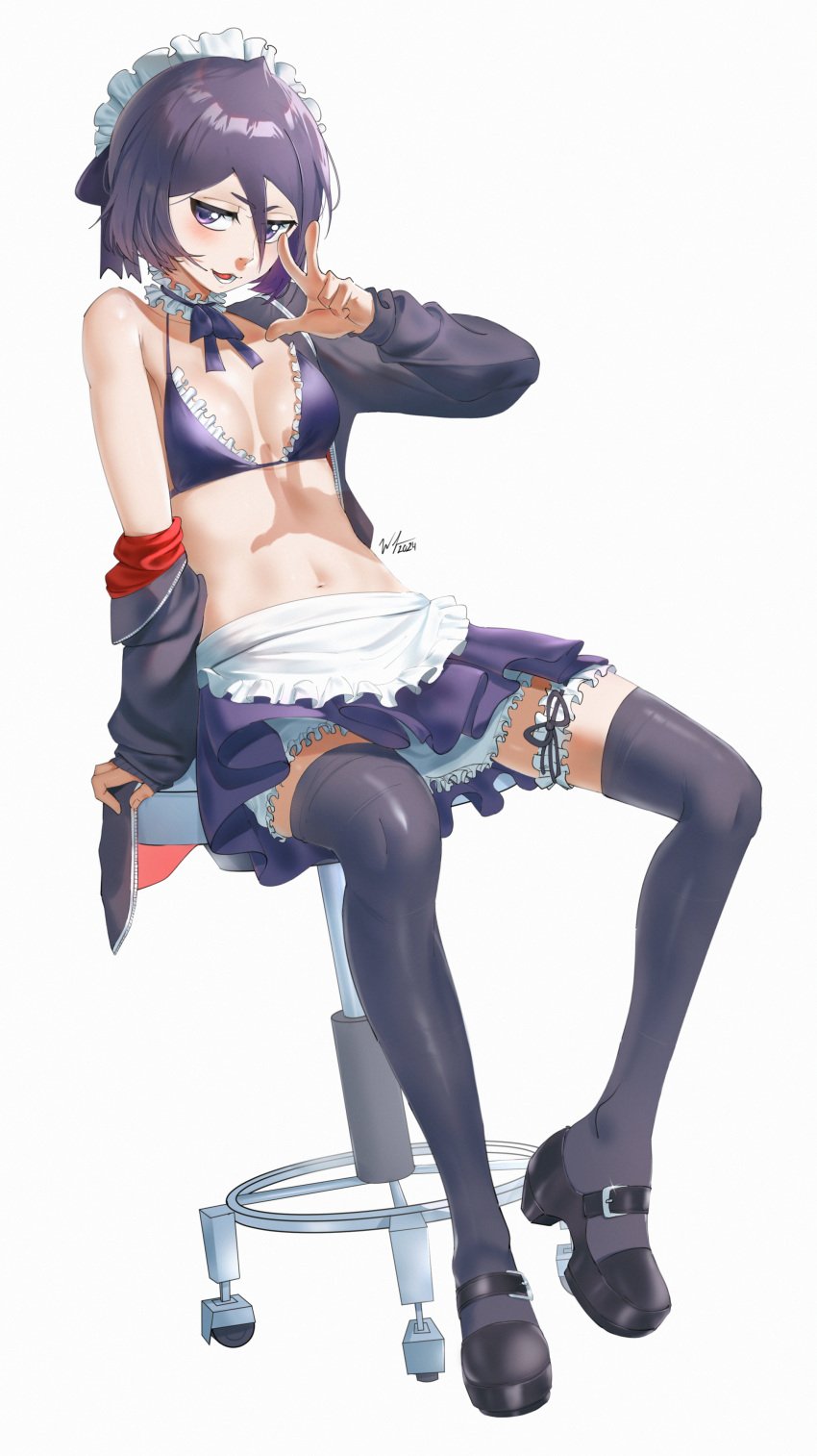 absurdres alternate_costume apron artoria_pendragon_(alter_swimsuit_rider)_(fate) artoria_pendragon_(alter_swimsuit_rider)_(fate)_(cosplay) artoria_pendragon_(fate) bikini black_bikini black_eyes black_hair black_jacket black_skirt black_thighhighs bleach breasts choker cosplay crossover_cosplay fate/grand_order fate_(series) female frilled_bikini frilled_choker frills highres jacket kuchiki_rukia maid maid_bikini maid_headdress navel short_hair simple_background sitting skirt small_breasts solo stool swimsuit thighhighs unconventional_maid w waist_apron waligner white_apron white_background