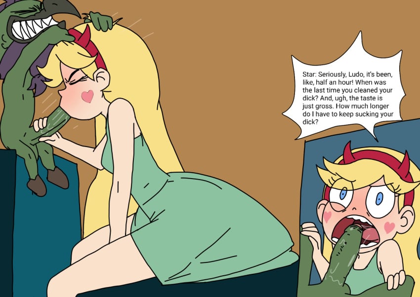 1boy 1girls 2d angry angry_face blonde_hair blowjob blue_eyes blush clothed fellatio female full_color head_grab holding_head ludo_(svtfoe) motion_lines open_mouth oral oral_sex questionable_consent saliva saliva_on_penis saliva_trail sex skinny small_breasts star_butterfly star_vs_the_forces_of_evil sunnie text unhappy_female wide_eyed