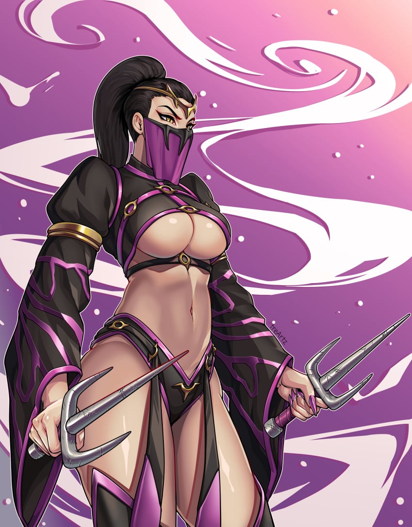 abs big_breasts black_hair breasts_out crown deception hair_tied mask mileena mileena_(mk:deception) mortal_kombat mortal_kombat_1_(2023) mortal_kombat_deception peak ponytail sai_(weapon) tarkatan treartz veil yellow_eyes