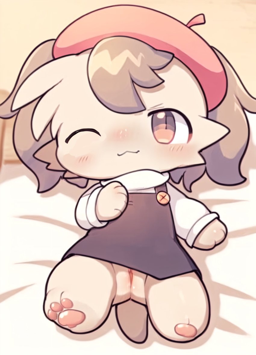 1girls ai_generated bayachao_(makemon) bedroom beret canine chibi cute female girl makemon overalls poodle pussy solo