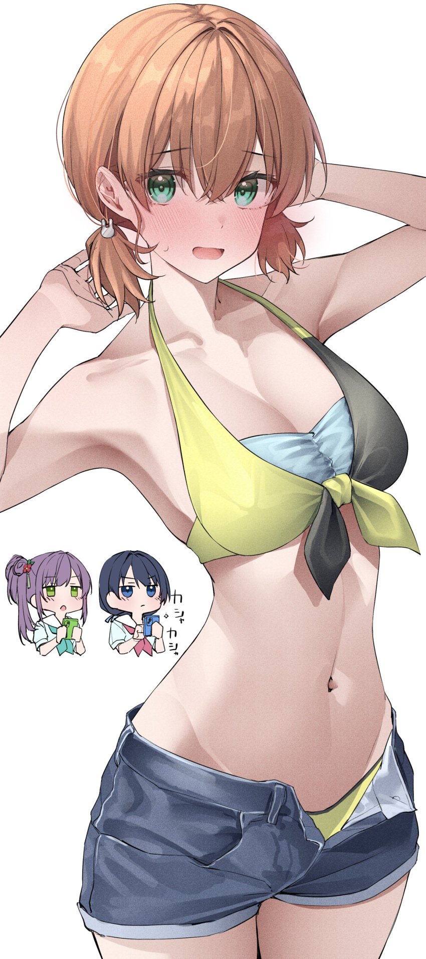 1girls armpits arms_up bare_arms bare_legs bare_midriff bare_shoulders belly belly_button blush brown_hair cleavage collarbone embarrassed female female_focus female_only green_eyes hair_between_eyes hands_behind_head hinoshita_kaho hourglass_figure kawai_ritsu_(rits_meg) light_skin looking_at_viewer love_live love_live! medium_breasts navel nervous open_mouth orange_hair short_hair shy simple_background slender_body slender_waist slim_girl slim_waist solo standing swimsuit thin_waist twintails v-line white_background wide_hips