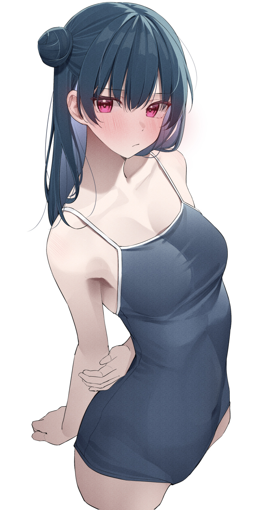 1girls armpits arms_behind_back bare_arms bare_shoulders bare_thighs belly_bulge black_hair black_swimsuit blush cleavage collarbone embarrassed female female_focus female_only hourglass_figure kawai_ritsu_(rits_meg) light_skin long_hair looking_at_viewer love_live! medium_breasts nervous one-piece_swimsuit petite pout pouting purple_eyes school_swimsuit shy side_bun sideboob simple_background single_side_bun slender_body slender_waist slim_girl slim_waist small_breasts solo standing straight_hair swimsuit thin_waist tsushima_yoshiko white_background wide_hips