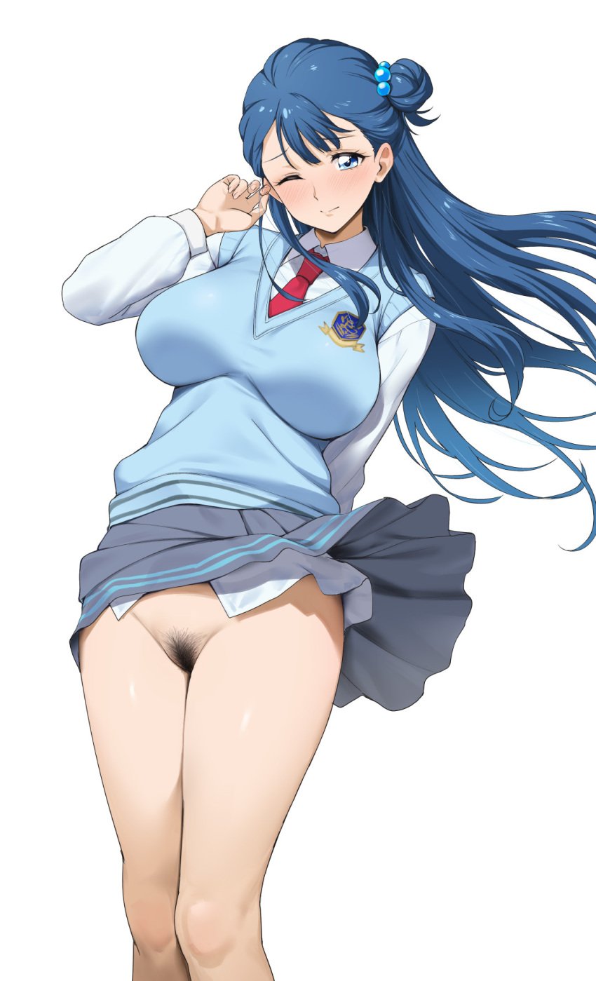 1girls accidental_exposure blue_eyes blue_hair blue_sweater_vest bottomless breasts clothing collared_shirt female female_pubic_hair floating_hair fuooooo grey_skirt hair_bun hairy_pussy highres hugtto!_precure l'avenir_academy_school_uniform long_hair long_sleeves looking_at_viewer medium_breasts necktie no_panties one_eye_closed precure pretty_cure pubic_hair red_necktie school_emblem school_uniform shirt single_hair_bun skirt skirt_lift solo standing sweater_vest upskirt white_background white_shirt wind wind_lift yakushiji_saaya