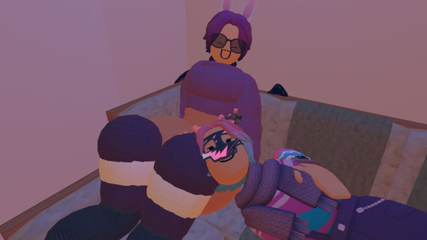 bunny_ears chilling couch demithefemboy05 jack_(rec_room) purple_hair purpliep_(rec_room) rec_room rec_room_avatar socks thick_thighs