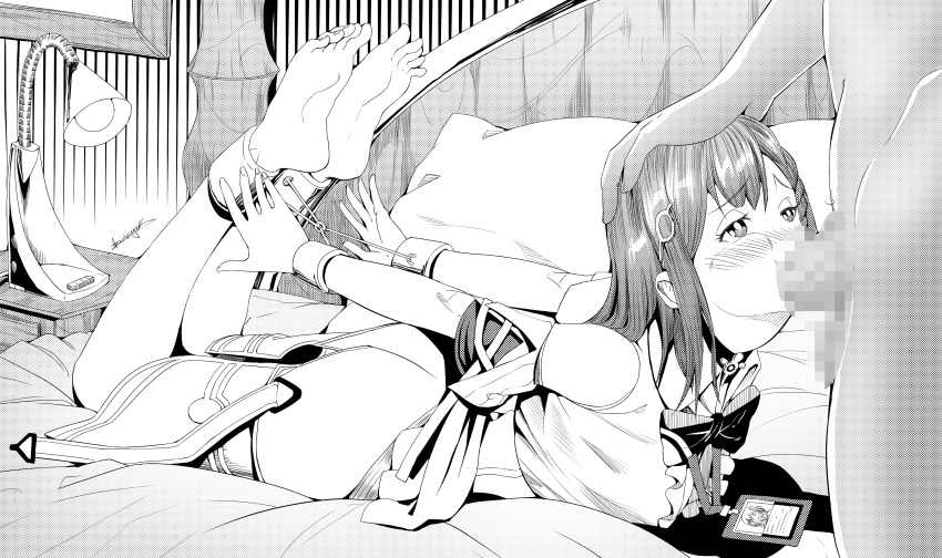 1boy 1girls apocalipsejack arms_behind_back asta_(honkai:_star_rail) barefoot bed blush bondage bowtie braid breasts censored choker clothed_female_nude_male deepthroat detached_sleeves eyebrows_visible_through_hair fellatio frills greyscale hair_ornament head_out_of_frame hi_res honkai:_star_rail honkai_(series) id_card lamp long_hair lying_on_back medium_breasts monochrome mosaic_censoring pillow shackles straight