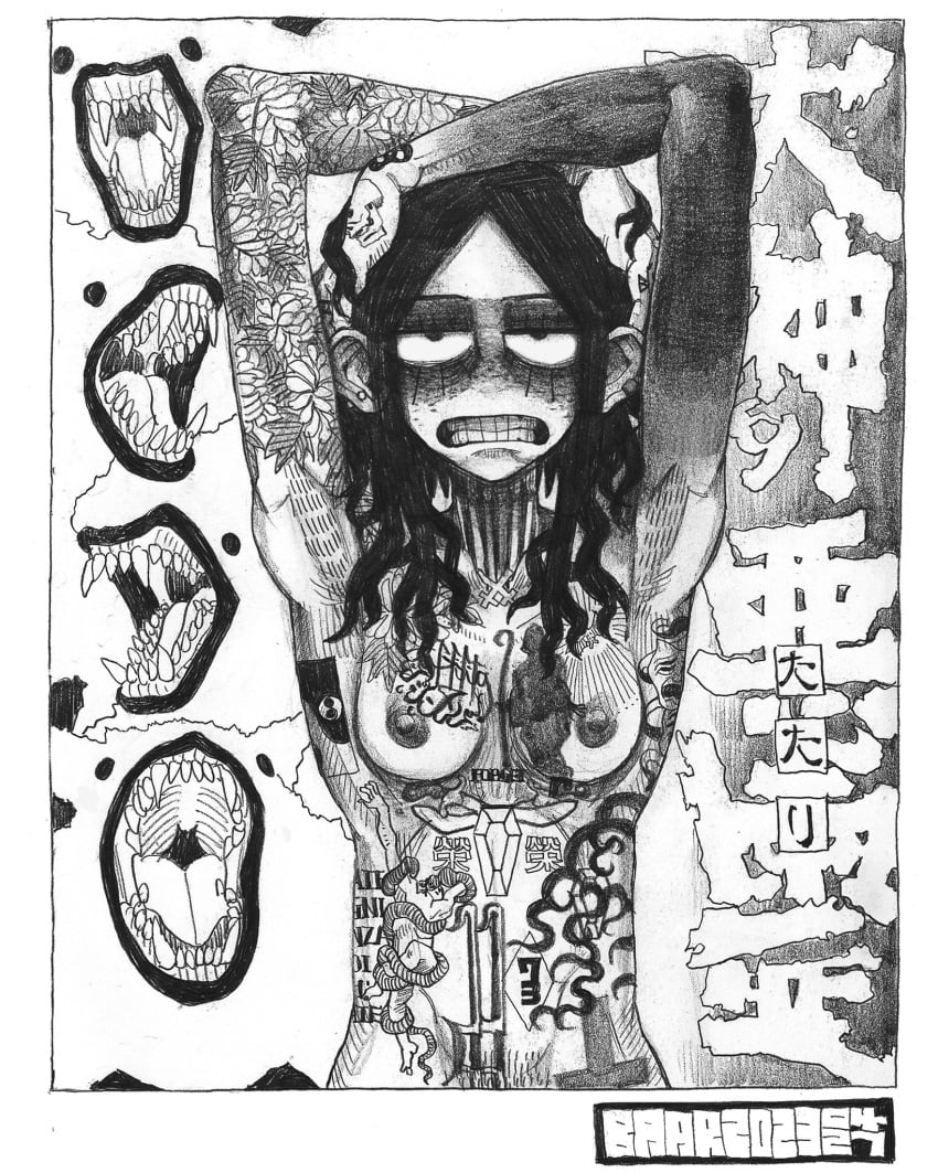 1girls 2023 areolae armpits arms_above_head artist_name artist_signature baar bangtanghan black_and_white black_hair breasts covered_in_tattoos dafne_(bangtanghan) earrings eye_bags fangs female female_focus female_only hands_on_head japanese_text nipples original pierced_ears punk punk_girl punk_rock solo solo_female tattoo tattoos_everywhere teeth translated