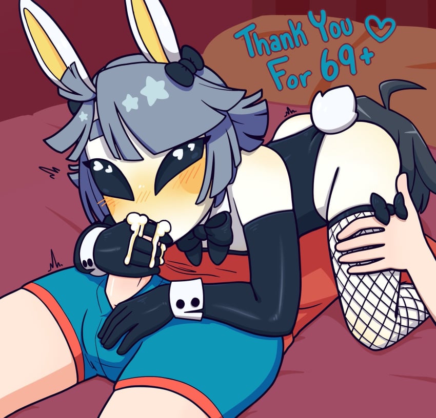 69 69_position ahe_gao ahoge alien alien/human alien_humanoid artist_self-insert black_eyes black_sclera blowjob bow bowtie bunny_boy bunny_costume bunny_ears bunny_tail bunnysuit cheren_(pokemon) cum cum_drip cum_in_mouth dark_hair face_markings fishnets gay gloved_handjob gloves gray_hair hands_on_legs heart-shaped_pupils in_bed latex latex_gloves male male_only mostly_clothed orange_blush orgasm orgasm_face pale_skin penis penis_out rainydayalien rainydayalien_(vtuber) short_hair trap twink virtual_youtuber vtuber white_skin yellow_blush