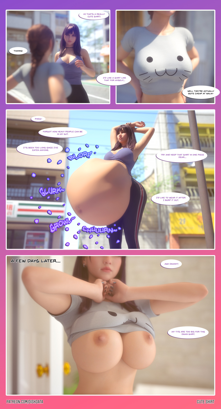 2girls 3d 3d_(artwork) asian asian_female belly belly_bulge big_belly big_belly_bulge big_breasts breasts comic digestion digestion_noises diskdata exposed_breasts female female_focus female_only implied_digestion jogger jogging light-skinned_female light_skin no_bra oral_vore post_vore pre_vore same_size_vore shirt_lift soft_vore unwilling_prey vore vore_belly willing_pred