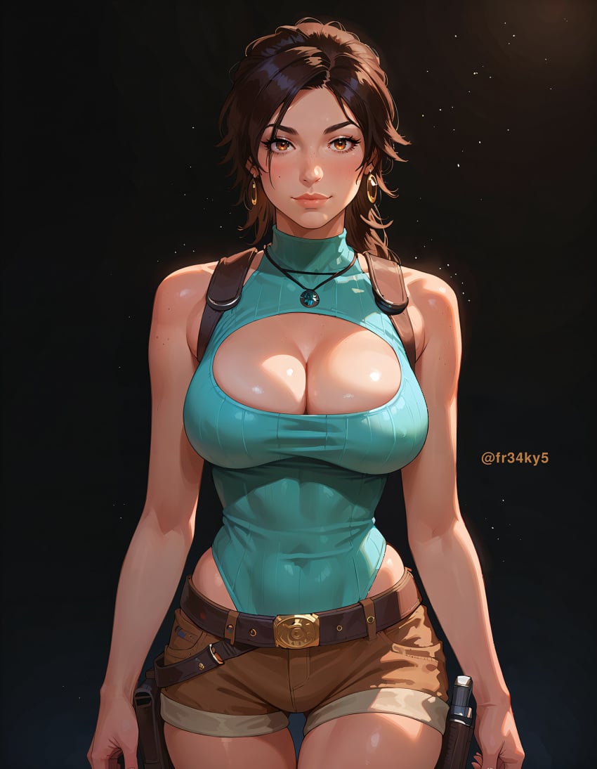 ai_generated cleavage fr34ky huge_breasts lara_croft leotard leotard_under_clothes tomb_raider