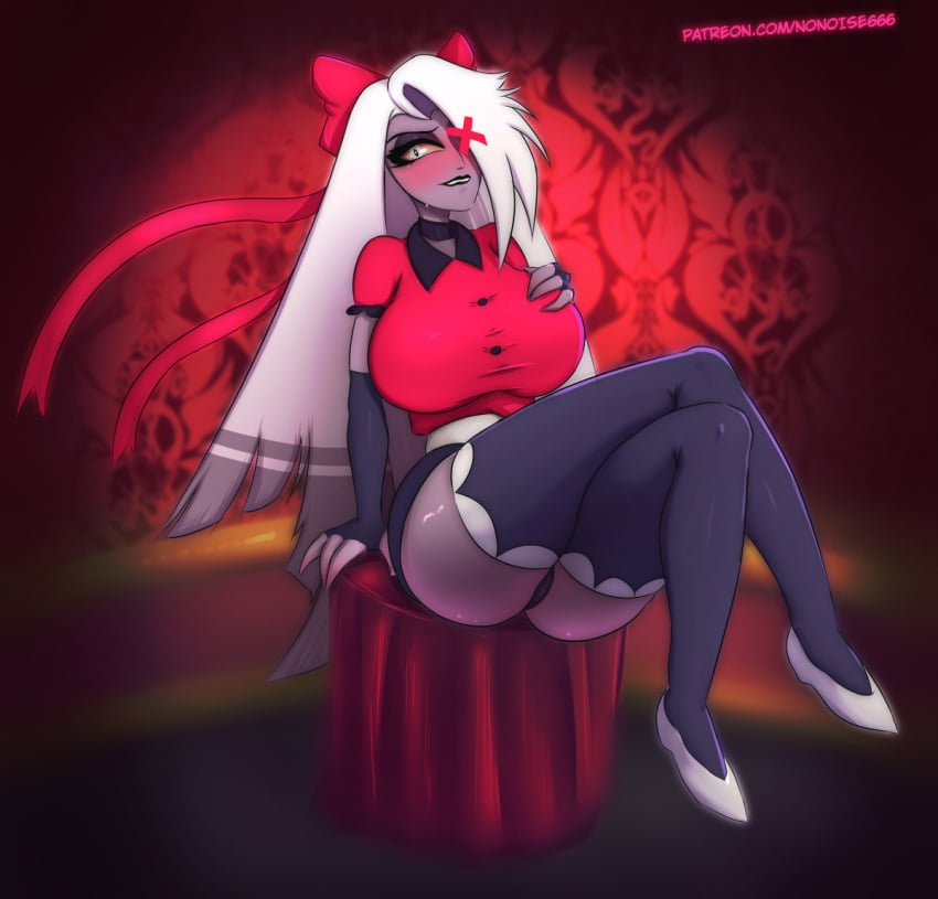 big big_breasts blush blushing bow bowtie breasts busty buttons choker clothed fingerless_gloves hand_on_breast hazbin_hotel huge_breasts large_ass legwear long_fingerless_glove long_hair long_legwear looking_at_another nonoise666 shirt shoes sitting suggestive suggestive_look thick_thighs two_tone_hair vaggie_(hazbin_hotel) vivienne_medrano wallpaper white_hair