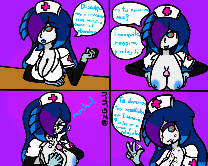 blue_eyes blue_hair blue_nipples boobjob closed_eyes comic_page cum cum_on_breasts cum_on_face heterochromia nurse nurse_cap nurse_uniform one_eye_covered orange_eyes original_character simple_background simple_shading sleeper_(zg_uwu) spanish_text text text_bubble three_tone_hair white_skin zg_uwu