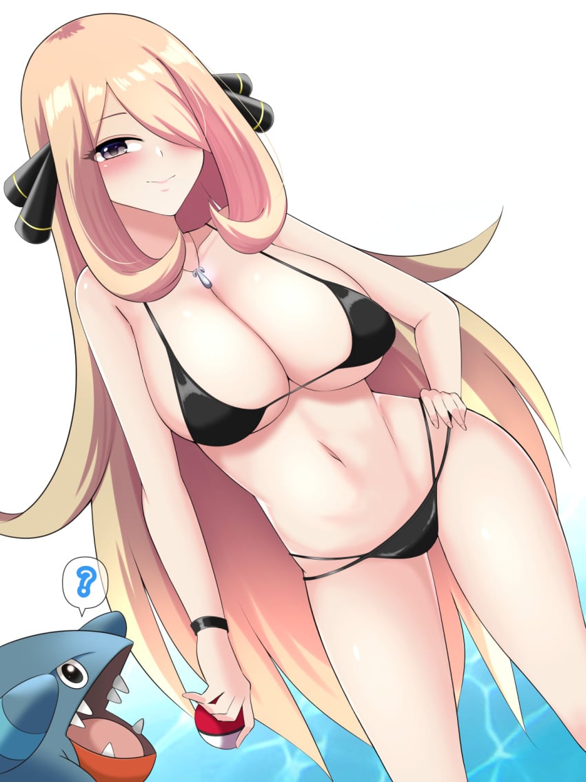 1girls 2021 ? big_breasts bikini bikini_top black_bikini black_eyes blonde_hair blush bottomwear breasts cleavage cynthia_(pokemon) female female_focus game_freak gible hair hair_over_one_eye hand_on_hip hips huge_breasts kurorettsu long_hair mature mature_female mature_woman navel necklace neckwear pokeball pokemon pokemon_(species) pokemon_dppt speech_bubble swimwear thighs topwear