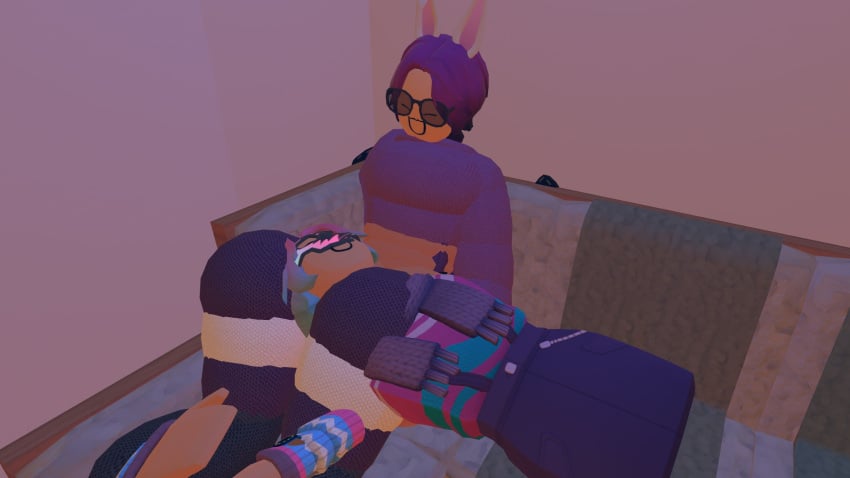 bunny_ears chilling couch demithefemboy05 jack_(rec_room) purple_hair purpliep_(rec_room) rec_room rec_room_avatar socks thick_thighs