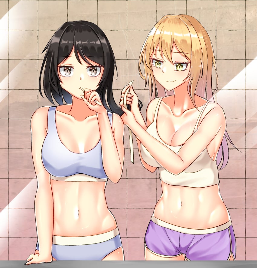 2girls absurdres blonde_hair bra breasts brown_eyes brown_hair brushing_teeth checkered_wall collarbone highres indoors large_breasts leo23 long_hair looking_at_viewer maribel_hearn medium_breasts mirror multiple_girls navel pajamas panties renko_usami short_shorts shorts smile sports_bra tank_top toothbrush touhou underwear underwear_only usami_renko yellow_eyes yuri