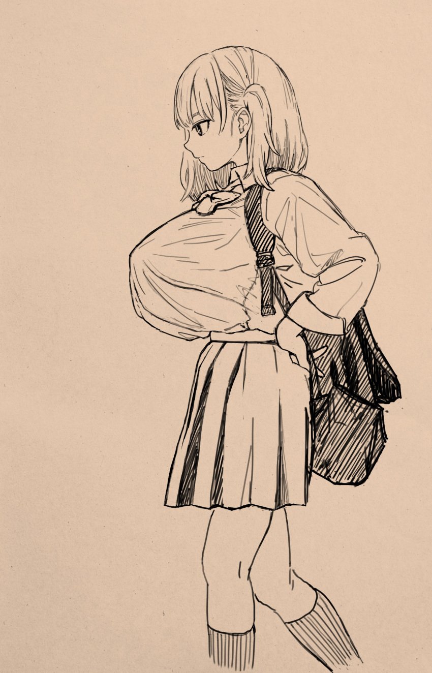 1girls backpack big_breasts clothed clothing draw looking_at_another looking_down pencil_(artwork) please_don't_bully_me,_nagatoro school_uniform shikki_(nagatoro) solo solo_female standing viewed_from_side