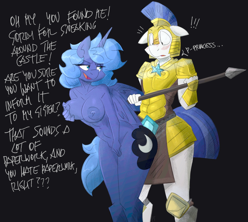 alicorn anthro areola bad_grammar blue_body blue_eyes blue_skin breasts cutie_mark dialogue english_text female flutterthrash friendship_is_magic hasbro horn male my_little_pony nipples open_mouth open_smile princess_luna_(mlp) royal_guard_(mlp) smile text wings