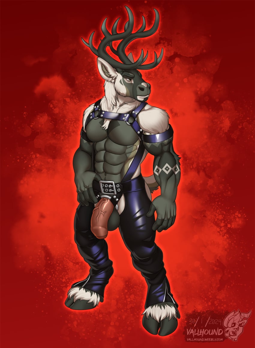 1boy abs accessory anthro antlers artist_name balls biceps black_clothing black_harness bottomwear clothing cock_ring deer digital_media_(artwork) fingers foreskin fur furry furry_only genitals glans grey_antlers grey_balls grey_body grey_eyes grey_fur grey_nose harness hi_res hooves horn jewelry leather leather_bottomwear leather_clothing leather_pants male male_only mammal muscular muscular_anthro muscular_male navel new_world_deer pants partially_retracted_foreskin pecs penis penis_accessory penis_jewelry pink_glans pink_penis red_background reindeer simple_background solo solo_male standing tail tuft vallhund vein veiny_penis white_body white_fur