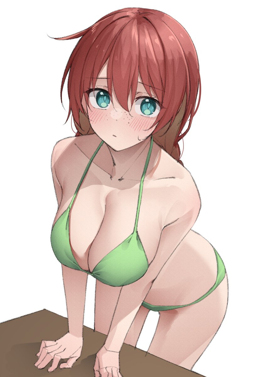 1girls arm_support ass bare_arms bare_legs bare_midriff bare_shoulders bare_thighs bikini blue_eyes blush braided_hair cleavage collarbone emma_verde female female_focus female_only freckles green_bikini hair_between_eyes kawai_ritsu_(rits_meg) large_breasts leaning_forward long_hair looking_at_viewer love_live! love_live!_nijigasaki_high_school_idol_club medium_breasts red_hair simple_background slender_body slender_waist slim_girl slim_waist solo standing straight_hair sweat thighs thin_waist white_background