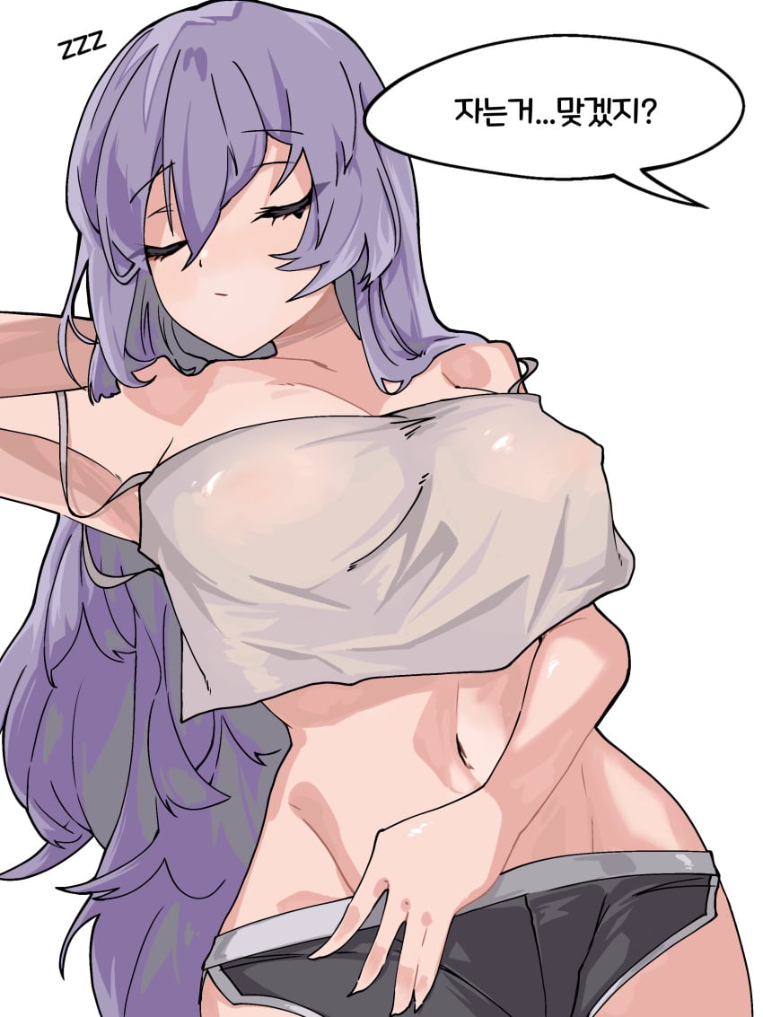 1boy 1girls arm_behind_head arm_on_hip arm_up armpits belly belly_button blue_hair breasts closed_eyes collarbone dolphin_shorts female female_focus female_only fit_female hair hair_between_eyes headmistress_jeanne korean_text legs long_hair loose_clothes midriff navel nipple_bulge offscreen_character reclining shiny_skin short_shorts shoulders sleeping somnophilia speech_bubble talking the_battle_cats thick_eyelashes thin_clothing viewer_perspective white_background zzz