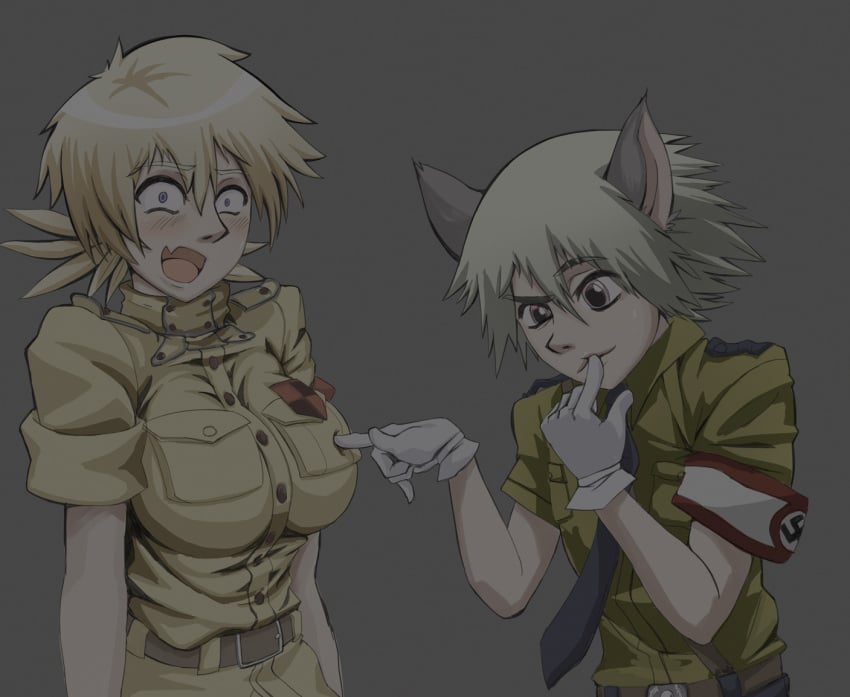 1boy 1boy1girl 1female 1girls 1male big_breasts blonde_female blonde_hair blonde_hair_female blue_eyes blush boob_poke breasts cat_boy cat_ears cat_humanoid catboy female funny hellsing hellsing_ultimate male no_nude pink_eyes poke poking_breasts police police_uniform policewoman schrodinger seras_victoria simple_background surprised surprised_expression white_gloves