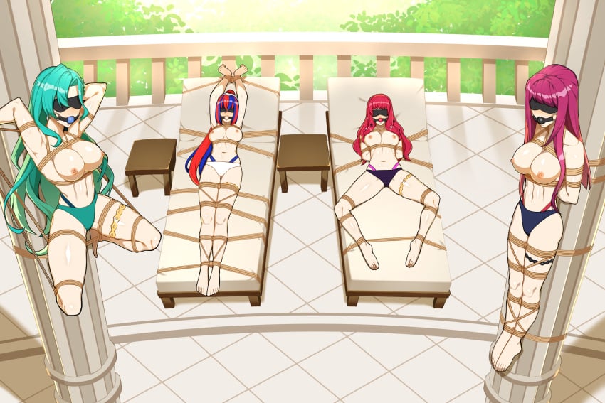 4girls alear_(female)_(fire_emblem) alear_(fire_emblem) alternate_costume alternate_hairstyle aqua_hair arms_behind_back arms_behind_head arms_up balcony ball_gag bangs bare_arms bare_legs barefoot beach_chair bed bikini bikini_bottom blindfold blue_bikini blue_hair blue_swimsuit blush bondage bound bound_arms bound_legs bound_to_chair bound_to_pillar bound_to_pole bound_wrists braid breasts captured chair chloe_(fire_emblem) female female_only femsub fire_emblem fire_emblem_engage from_above gag green_bikini green_swimsuit hair_between_eyes hyperbudd in_bed ivy_(fire_emblem) large_breasts legs long_hair multicolored_hair multiple_girls multiple_subs nintendo nipples official_alternate_costume official_alternate_hairstyle on_back outdoors partially_visible_vulva pillar pink_hair ponytail poolside purple_bikini purple_hair purple_swimsuit red_hair restrained rope_bondage spread_legs suspension swimsuit table tiara topless very_long_hair violet_hair white_bikini white_swimsuit yunaka_(fire_emblem)