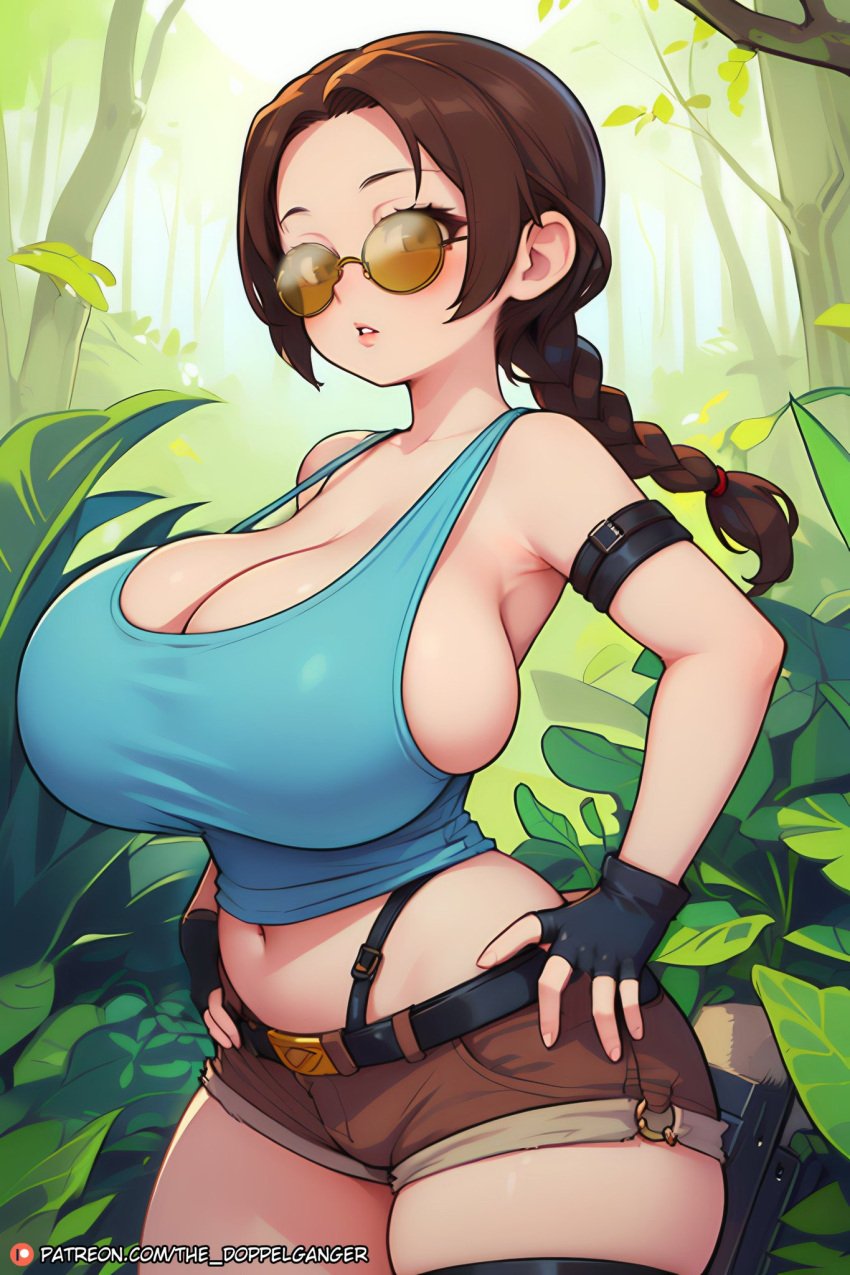 1girls ai_generated armpits belt black_gloves black_thighhighs blue_tank_top blue_topwear braided_hair braided_ponytail breasts brown-tinted_eyewear brown_eyes brown_hair brown_shorts cleavage curvaceous curvy curvy_figure doppelgänger_ai eyewear female female_human female_only fingerless_gloves gloves gun hands_on_hips huge_breasts human humanoid jungle lara_croft lara_croft_(ai_generated) leaves light-skinned_female light_skin looking_at_viewer midriff navel no_bra outside overflowing_breasts patreon_url pistol ponytail short_shorts sunglasses tank_top thighhighs thighs tight_clothing tinted_eyewear tomb_raider tree trees weapon