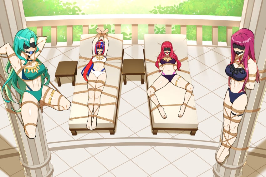 4girls alear_(female)_(fire_emblem) alear_(fire_emblem) alternate_costume alternate_hairstyle aqua_hair arms_behind_back arms_behind_head arms_up balcony ball_gag bangs bare_arms bare_legs barefoot beach_chair bed bikini blindfold blue_bikini blue_hair blue_swimsuit blush bondage bound bound_arms bound_legs bound_to_chair bound_to_pillar bound_to_pole bound_wrists braid breasts captured chair chloe_(fire_emblem) cleavage female female_only femsub fire_emblem fire_emblem_engage from_above gag green_bikini green_swimsuit hair_between_eyes hyperbudd in_bed ivy_(fire_emblem) large_breasts legs long_hair multicolored_hair multiple_girls multiple_subs nintendo official_alternate_costume official_alternate_hairstyle on_back outdoors partially_visible_vulva pillar pink_hair ponytail poolside purple_bikini purple_hair purple_swimsuit red_hair restrained rope_bondage spread_legs suspension swimsuit table tiara very_long_hair violet_hair white_bikini white_swimsuit yunaka_(fire_emblem)