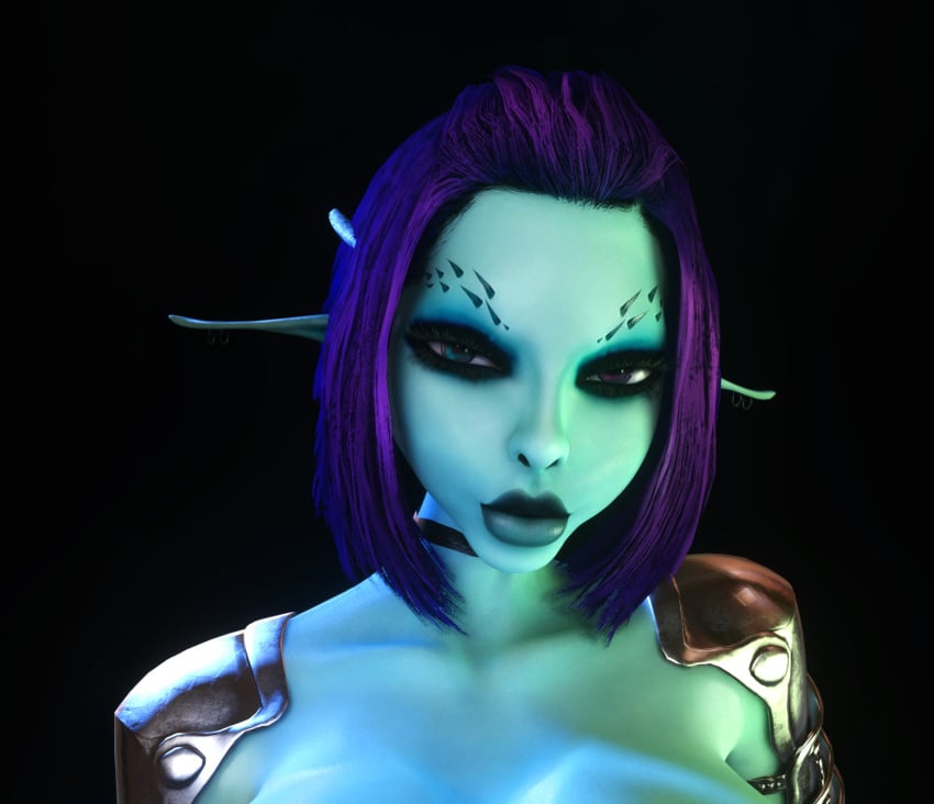 1girls 3d 3d_(artwork) black_choker blue_skin breasts choker close-up extreme_close-up female female_only female_solo heterochromia lips long_ears long_pointy_ears looking_at_viewer pointy_ears purple_hair solo_female soria vaako