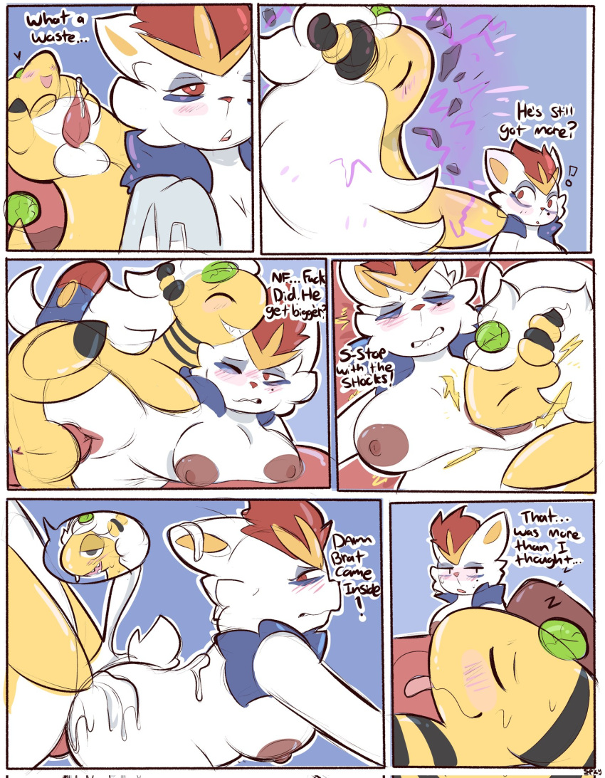 after_sex age_difference ampharos anthro ass blush bodily_fluids breast_play breast_sucking breasts charlotte_(spicykiwi) cinderace closed_eyes comic cum cum_in_pussy cum_inside dialogue duo electrostimulation english_text erection female feral fur generation_2_pokemon generation_8_pokemon genital_fluids genitals hair hi_res lagomorph male male/female mammal mega_evolution nintendo nipples older_female penetration penis pokemon pokemon_(species) pussy sex simple_background sleeping spicykiwi sucking text vaginal_penetration white_body white_fur