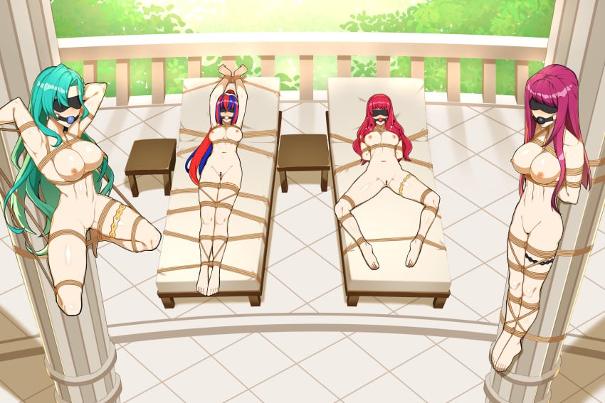 4girls alear_(female)_(fire_emblem) alear_(fire_emblem) alternate_hairstyle aqua_hair arms_behind_back arms_behind_head arms_up balcony ball_gag bangs bare_arms bare_legs barefoot beach_chair bed blindfold blue_hair blush bondage bound bound_arms bound_legs bound_to_chair bound_to_pillar bound_to_pole bound_wrists braid breasts captured censored chair chloe_(fire_emblem) completely_nude female female_only femsub fire_emblem fire_emblem_engage from_above gag hair_between_eyes hyperbudd in_bed ivy_(fire_emblem) large_breasts legs long_hair multicolored_hair multiple_girls multiple_subs nintendo nipples nude nude_female official_alternate_hairstyle on_back outdoors pillar pink_hair ponytail poolside purple_hair pussy red_hair restrained rope_bondage spread_legs suspension table tiara very_long_hair violet_hair yunaka_(fire_emblem)