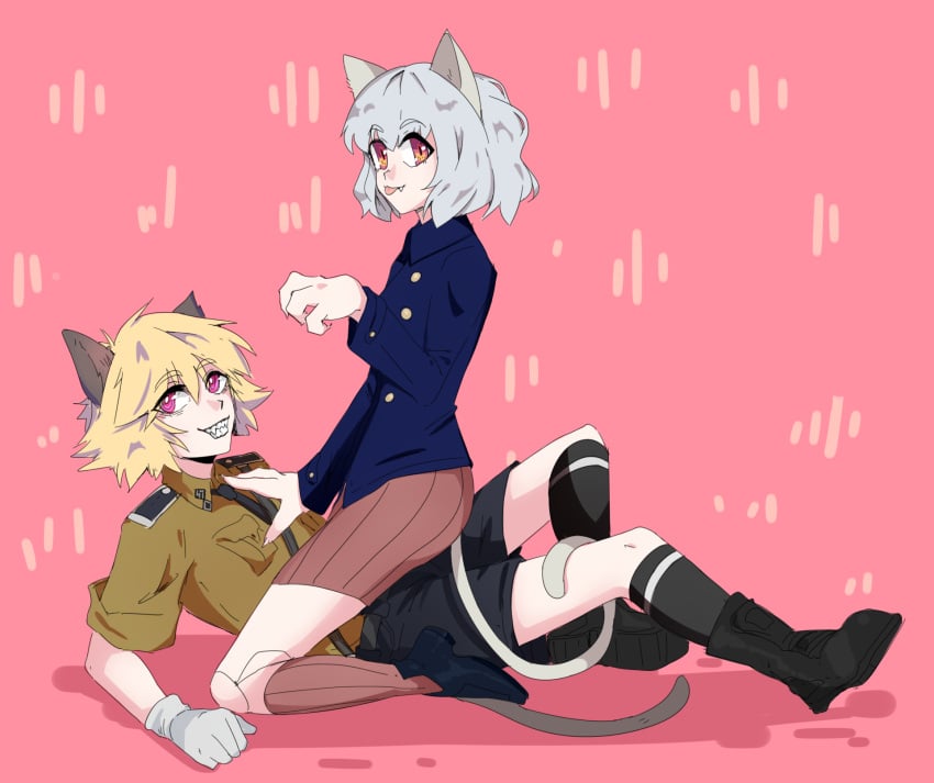 1boy 1boy1girl 1female 1girls 1male blonde_hair cat_boy cat_ears cat_girl cat_tail catboy catgirl crossover detectiveneko doll_joints female female_on_top hellsing hellsing_ultimate hunter_x_hunter male neferpitou schrodinger sfw sitting_on_person tail_wrapped_around_legs thighs tongue_out white_hair