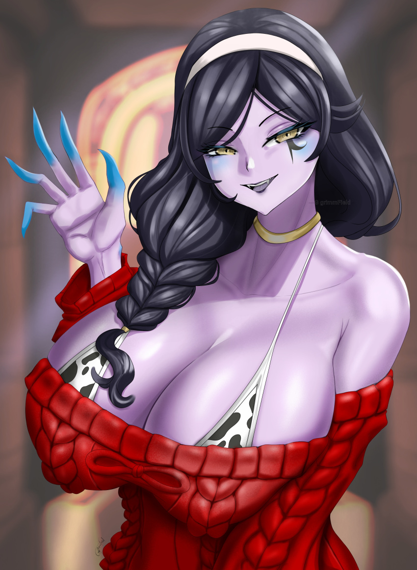 1girls black_hair bra breasts cleavage cow_print cow_print_bra female female_only ggrimmfield hairband happy huge_breasts indie_virtual_youtuber indoors lamia looking_at_viewer makeup monster_girl nipple_bulge purple-skinned_female purple_skin solo sweater vexoria_the_sun_eater virtual_youtuber waving waving_at_viewer yellow_eyes