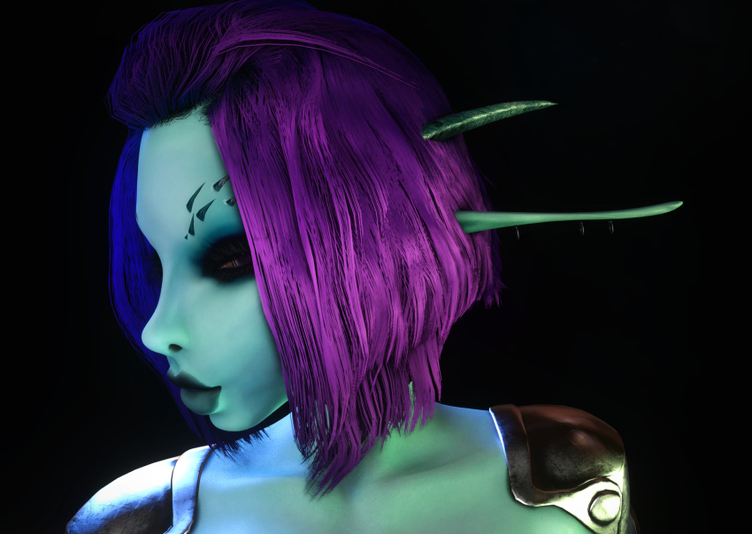 1girls 3d 3d_(artwork) black_choker blue_skin breasts choker close-up extreme_close-up female female_only female_solo heterochromia lips long_ears long_pointy_ears looking_away pointy_ears purple_hair solo_female soria vaako