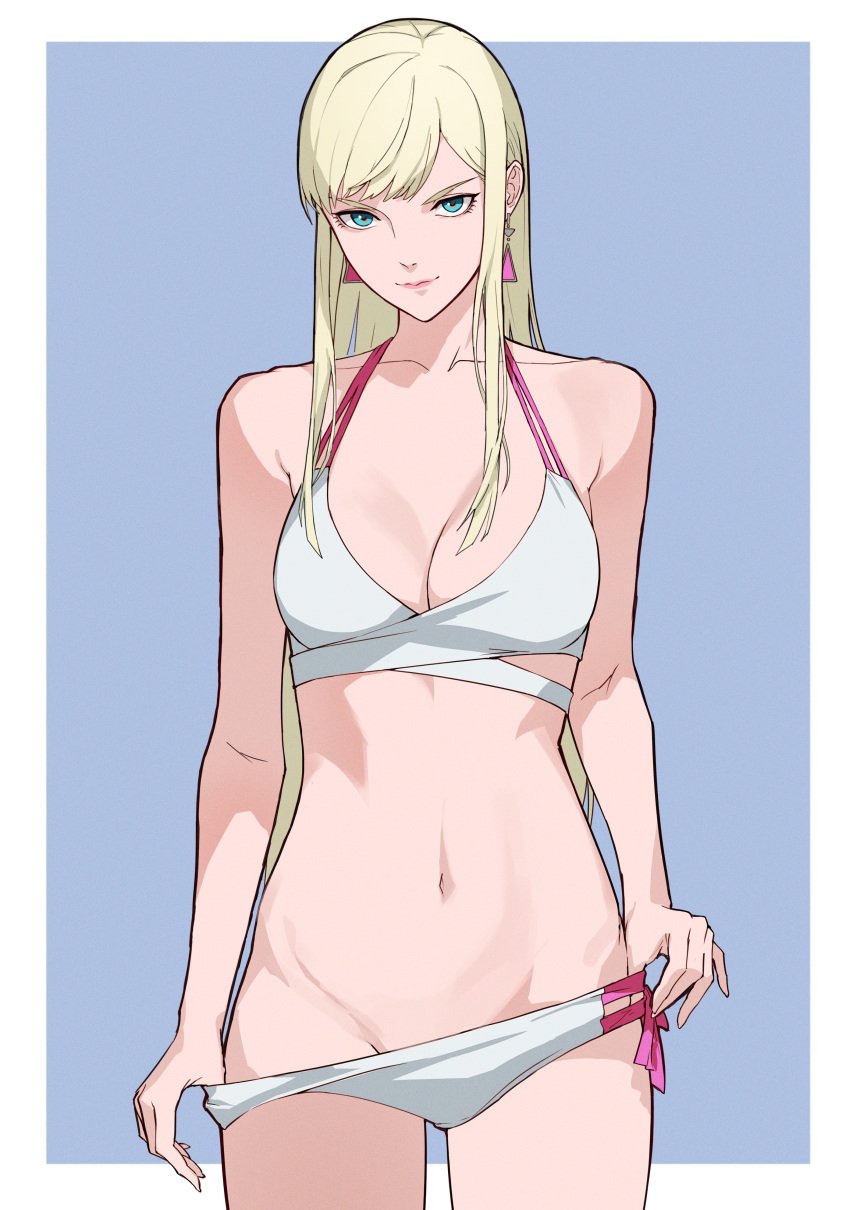 1girls bikini blonde_hair cleavage gigi_andalusia gundam gundam_hathaway's_flash jason_kim long_hair looking_at_viewer medium_breasts solo standing teasing