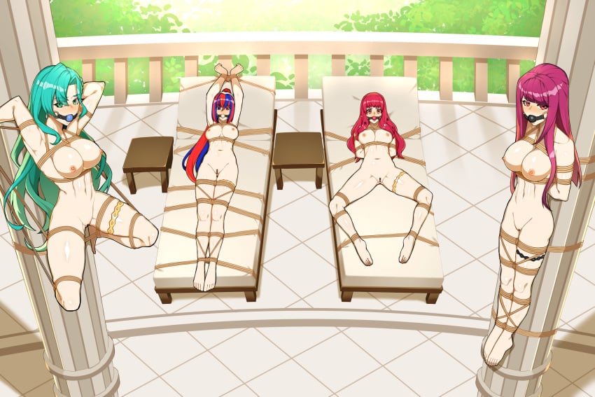 4girls alear_(female)_(fire_emblem) alear_(fire_emblem) alternate_hairstyle angry aqua_hair arms_behind_back arms_behind_head arms_up balcony ball_gag bangs bare_arms bare_legs barefoot beach_chair blue_eyes blue_hair blush bondage bound bound_arms bound_legs bound_to_chair bound_to_pillar bound_to_pole bound_wrists braid breasts captured censored chair chloe_(fire_emblem) completely_nude female female_only femsub fire_emblem fire_emblem_engage from_above frown gag green_eyes hair_between_eyes heterochromia hyperbudd ivy_(fire_emblem) large_breasts legs long_hair looking_at_viewer looking_up multicolored_hair multiple_girls multiple_subs nintendo nipples nude nude_female official_alternate_hairstyle on_back outdoors pillar pink_hair ponytail poolside purple_hair pussy red_eyes red_hair restrained rope_bondage spread_legs suspension table tiara very_long_hair violet_hair yunaka_(fire_emblem)