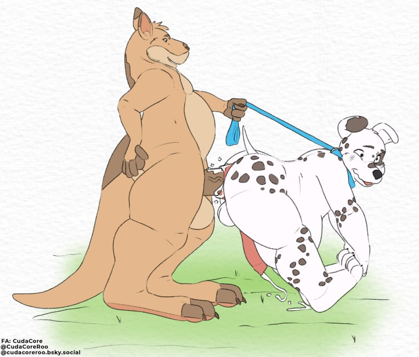 anal_tugging anus balls belly belly_inflation big_belly bodily_fluids canid canine canis collar cudacore cudacore_(cudacore) cum dalmatian dessert domestic_dog doughnut food genital_fluids genitals hi_res inflation kangaroo leash macropod male male/male mammal marsupial pascal_(cudacore) penetration penis sex