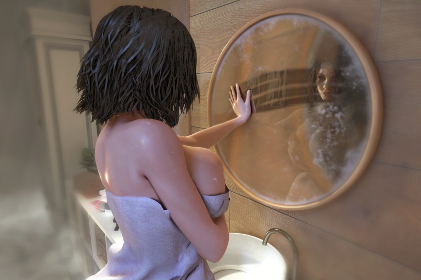 1girls 3d 3d_(artwork) alternate_breast_size bath_towel bathroom black_hair female female female_only female_solo huge_breasts kate_beckinsale looking_at_mirror mirror selene_(underworld) solo solo_female steam steamy underworld vaako vampire vampire_girl wearing_towel