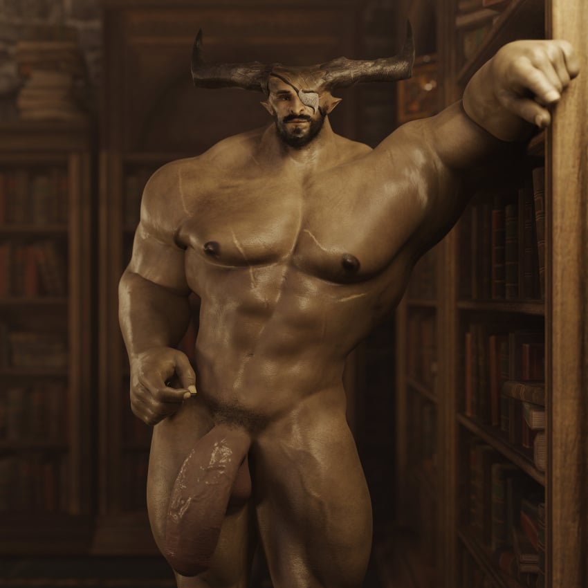 2_horns 3d 3d_(artwork) abs absurd_res battle_scars beard biceps big_arms big_biceps big_horns big_thighs bookshelf bovid broad_shoulders chest_scar curved_horns deltoids dragon_age eye_patch eyepatch front_view genitals green-skinned_male green_skin hanging_penis hi_res horizontal_horns horn horns huge_biceps humanoid indoors iron_bull library male male_nipples male_only mature_male minotaur muscular muscular_humanoid muscular_male muscular_thighs nipples nude pecs penis pointy_ears qunari scar scars short_ears solo straight_horns taur thick thick_male thick_penis top_heavy_penis trapezius uncut vein veins veiny_muscles veiny_penis voluox yellow_skin yellow_theme