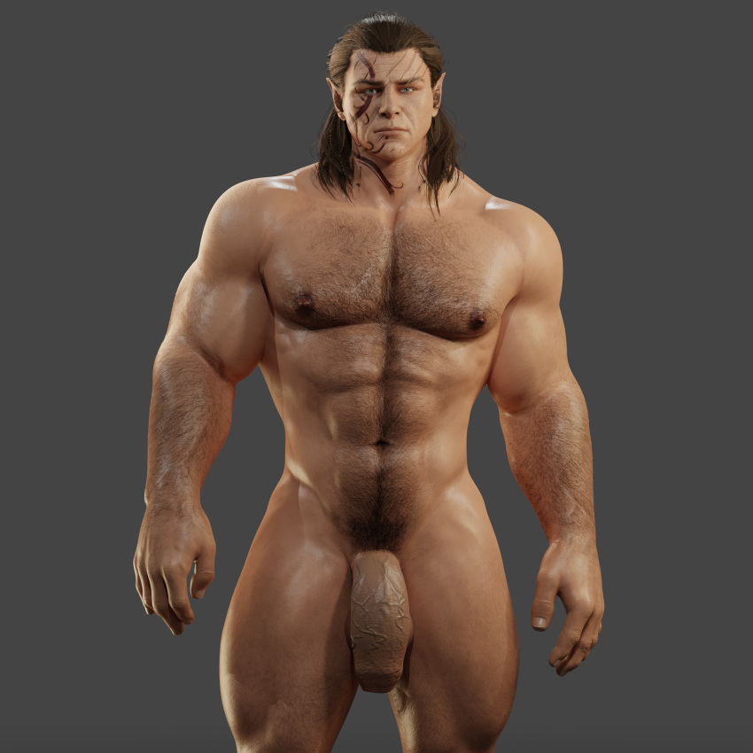 1boy 2023 3d baldur's_gate baldur's_gate_3 balls bara bara_tits barazoku big_balls big_penis completely_nude dungeons_and_dragons elf elf_ears flaccid forgotten_realms gay hairy_arms hairy_chest halsin hi_res highres looking_at_viewer male male_focus male_nipples male_only male_pubic_hair manly muscular_male nipples nude penis scar solo solo_male yaoi