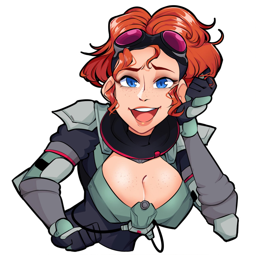 apex_legends big_breasts breast_hold breast_squeeze breast_squish breasts breasts_out bursting_breasts bursting_clothes cleavage happy horizon_(apex_legends) looking_at_another looking_at_partner looking_at_viewer milf missandydandy simple_background stretched_clothing thick tight_clothing