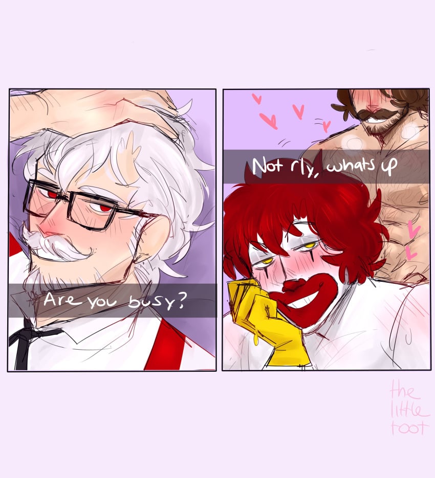 3boys absurdres anal bara blush burger_king clothed_male_nude_male clown colonel_sanders gay gay_sex goatee_stubble hand_in_own_hair head_out_of_frame heart highres implied_sex kfc large_pectorals looking_at_viewer lsinbin male_focus mature_male mcdonald's multiple_boys muscular muscular_male nipples no_visible_genitalia nude old old_man parody_request pectorals red_eyes ronald_mcdonald sanpaku seductive_smile sex short_hair sideburns smile split_screen the_king_(burger_king) thick_eyebrows thick_mustache tiktok video_call white_hair yaoi