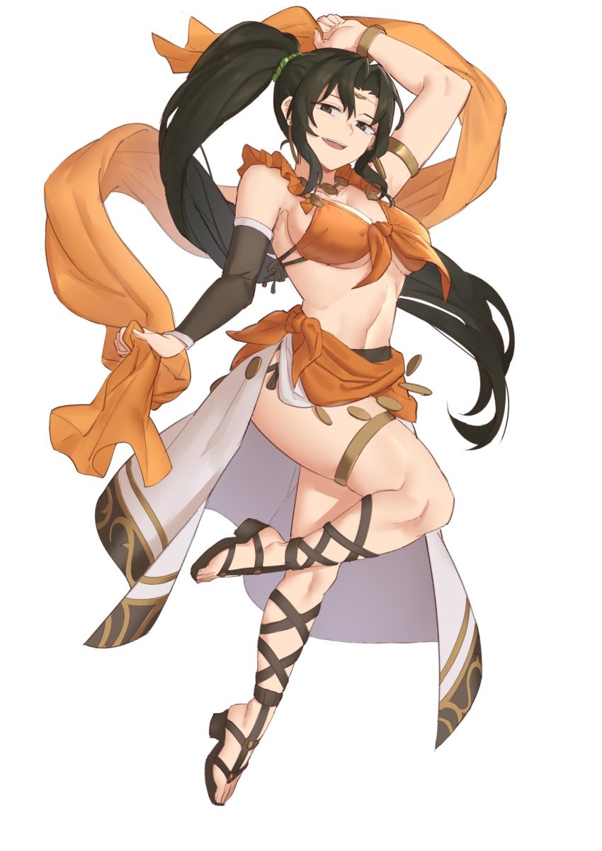 1girls :d asymmetrical_sleeves belly_chain better_version_at_source black_hair bra breasts circlet clothed clothed_female dancer dancer_outfit dancing dark_hair detached_sleeves ebinku female female_only fire_emblem fire_emblem:_genealogy_of_the_holy_war grey_eyes higher_resolution_available highres jewelry large_breasts laylea_(fire_emblem) leg_up long_hair looking_at_viewer medium_breasts midriff navel nintendo ponytail revealing_clothes sandals showgirl_skirt sideboob simple_background single_detached_sleeve smile solo thick_thighs tummy underboob underwear very_long_hair white_background