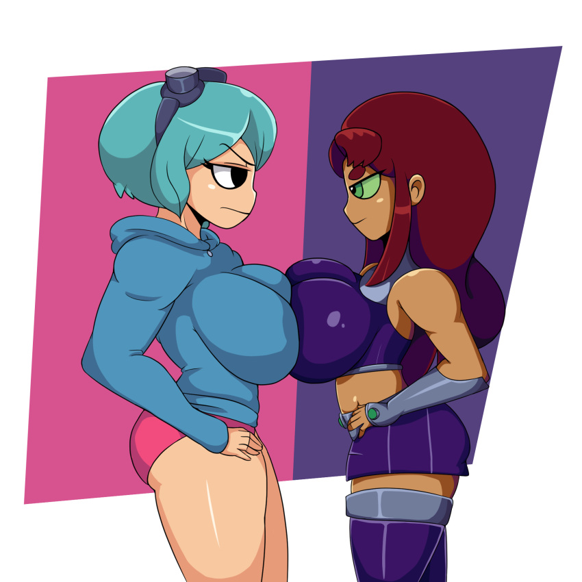 2girls alien alien_girl alien_humanoid big_breasts black_eyes blue_hair boots bracelet breast_comparison breast_press breast_squeeze breasts cartoon_network comparing_breasts crossover dc dc_comics duo duo_female duo_focus eye_contact female_only goggles goggles_on_head green_eyes iggy-bomb jacket long_hair long_hair_female minishorts miniskirt multiple_girls orange_skin ramona_flowers red_hair scott_pilgrim shorts skirt starfire staring_at_another superhero superheroine teen_titans