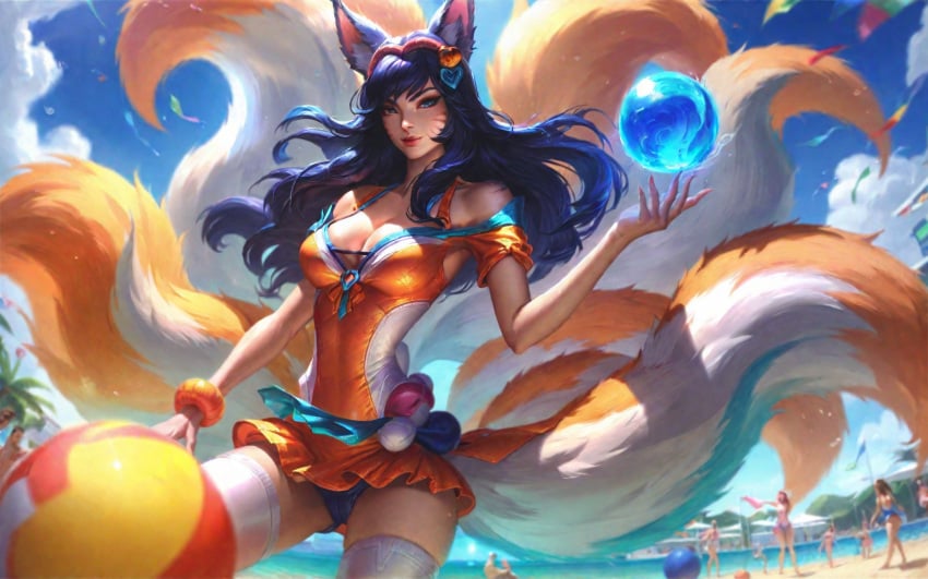 1girls ahri ai_generated background league_of_legends nine_tailed_fox pool_party_ahri riot_games sfw swimsuit vastaya yukino_ai