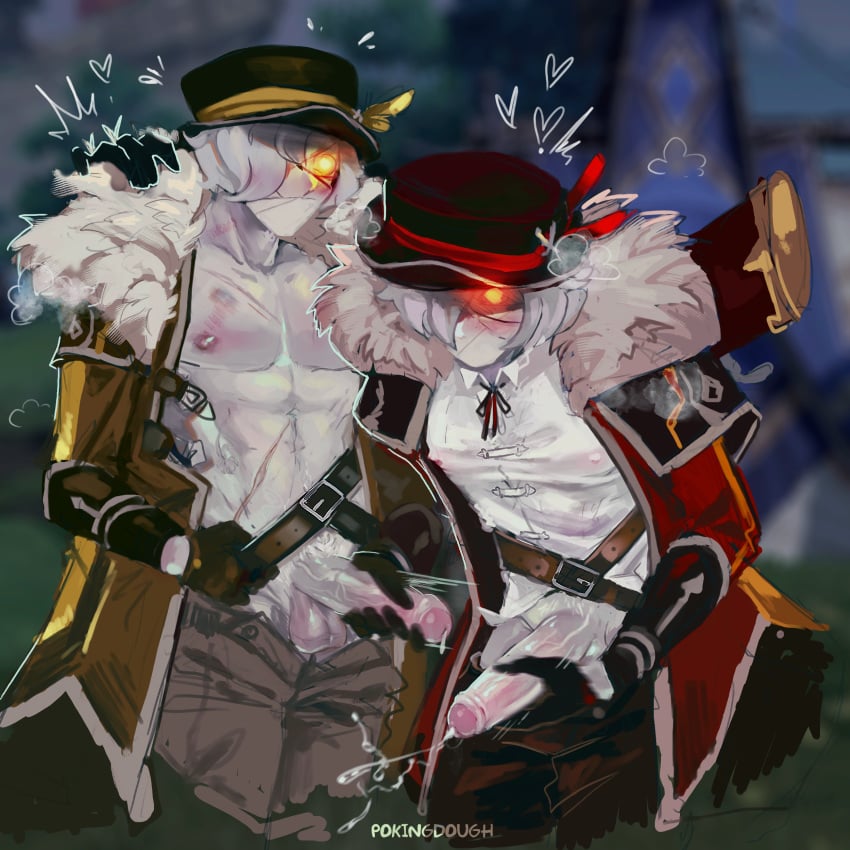 2boys 2d abs balls character_request clothed cum cumshot damaged dick fatui fatui_skirmisher_(pyro-slinger_bracer) fur_jacket genshin_impact geochanter_bracer geochanter_bracer_(genshin_impact) glowing_eyes hat hearts male male_only masturbation monster muscular muscular_male nipples nipples_visible_through_clothing not_human penis pokingdough red_clothing red_eyes tagme tagme_(character) yellow_clothing yellow_eyes