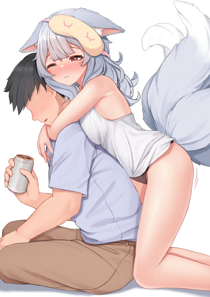 1boy 1girls black_hair blue_shirt blush bottomless breasts brown_pants can closed_mouth clothed clothing edit female fox_ears fox_girl fox_tail fox_tails fully_clothed grey_hair holding holding_can holding_object hug_from_behind human humanoid kemonomimi kneeling light-skinned_female long_hair male mole mole_under_eye multiple_tails nijisanji nijisanji_en nina_kosaka one_eye_closed pants partially_clothed red_eyes shirt short_sleeves sitting sleep_mask sleepypudding solo_focus tail virtual_youtuber white_shirt