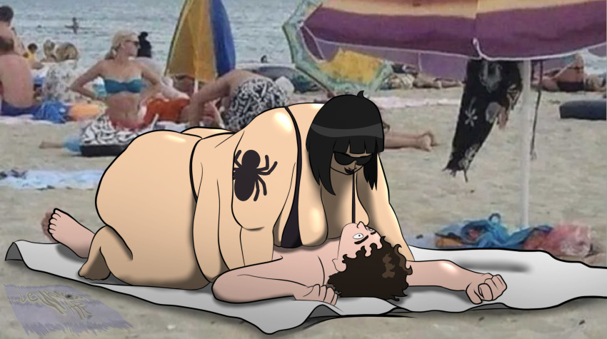 2d bbw big big_ass big_breasts bikini black_hair cowgirl_position fat_ass fat_woman goth lewdnesswar photo_background shitpost short_hair size_difference ssbbw tattoo