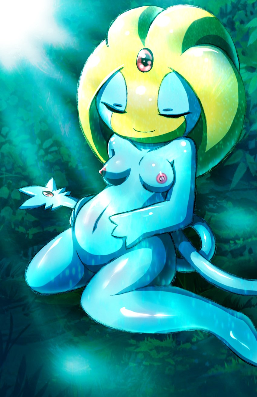 1girls anthro belly big_belly blue_skin blush breasts closed_eyes female female_only hi_res holding_belly kneeling pokémon_(species) pokemon pregnant small_breasts tokemaru uxie