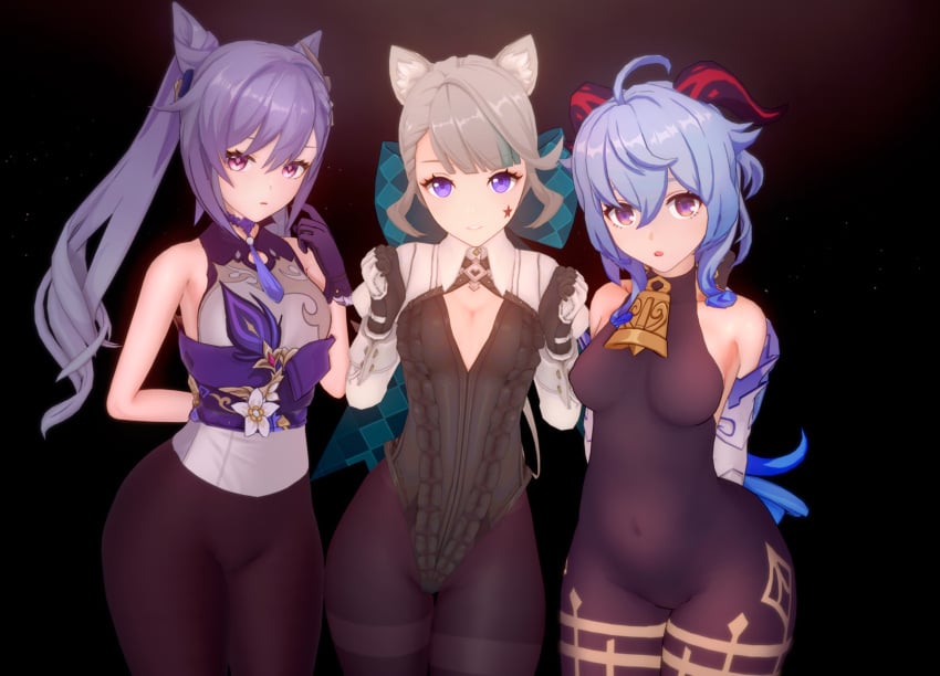 3girls blonde_hair blue_hair cat_ears fully_clothed ganyu_(genshin_impact) genshin_impact horns keqing_(genshin_impact) long_hair looking_at_viewer lynette_(genshin_impact) nipple_bulge pantyhose purple_eyes purple_hair white_(artist) whitekoi